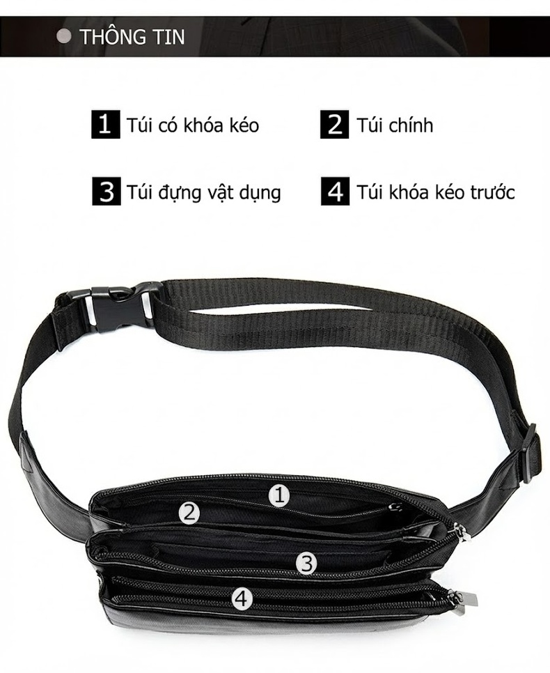 Túi Đeo Ngực/Bụng/Hông Nam Da Cừu Đeo Chéo Vai Phong Cách Retro Màu Đen chi tiết 4