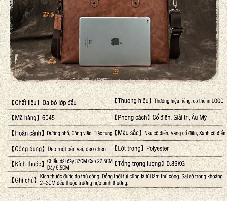 Túi Đựng Laptop Nam Da Bò Vintage Công Sở Có Dây Đeo Màu Nâu, Xanh Navy chi tiết 4