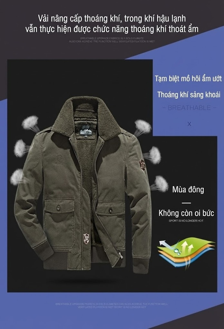 Áo Khoác Bông Nam Lót Lông Dày Dặn Cổ Bẻ Giữ Ấm Dáng Rộng Trung Niên Màu Nâu, Xanh Rêu, Xanh Navy chi tiết 3