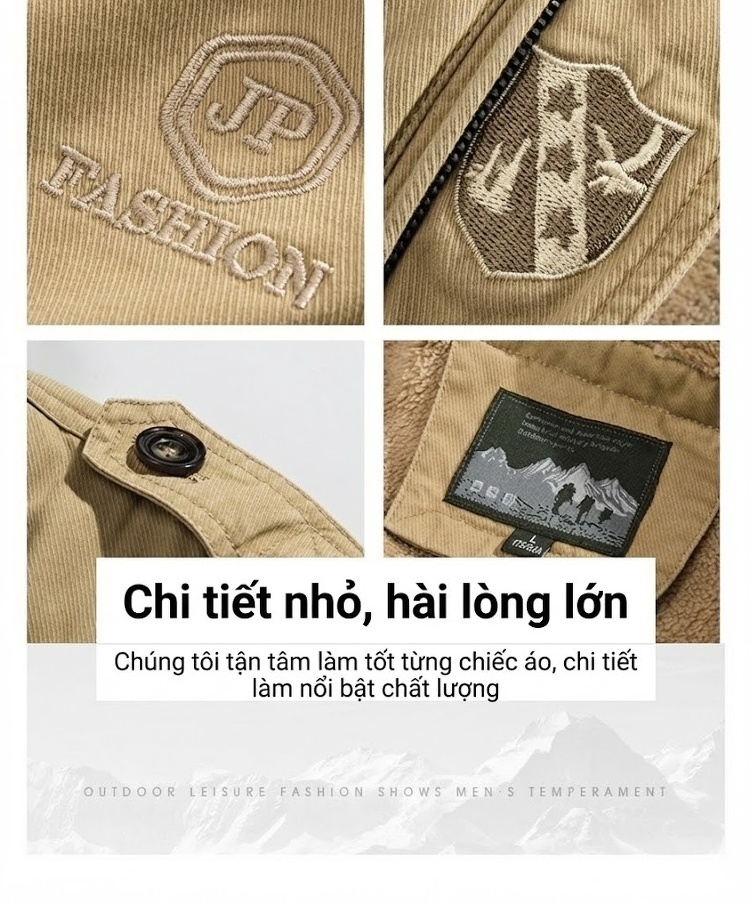 Áo Khoác Bông Nam Lót Lông Dày Dặn Cổ Bẻ Giữ Ấm Dáng Rộng Trung Niên Màu Nâu, Xanh Rêu, Xanh Navy chi tiết 18