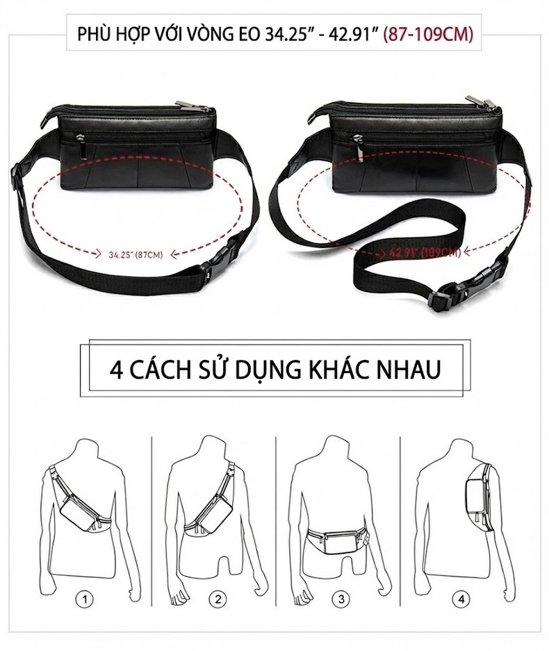 Túi Đeo Ngực/Bụng/Hông Nam Da Cừu Đeo Chéo Vai Phong Cách Retro Màu Đen chi tiết 3