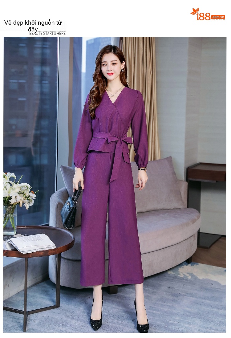 Set Bộ Quần Áo Nữ Thu Đông Áo Dài Tay Cổ chữ V Kèm Áo Khoác Lửng Quần Ống Rộng Màu Tím chi tiết 7