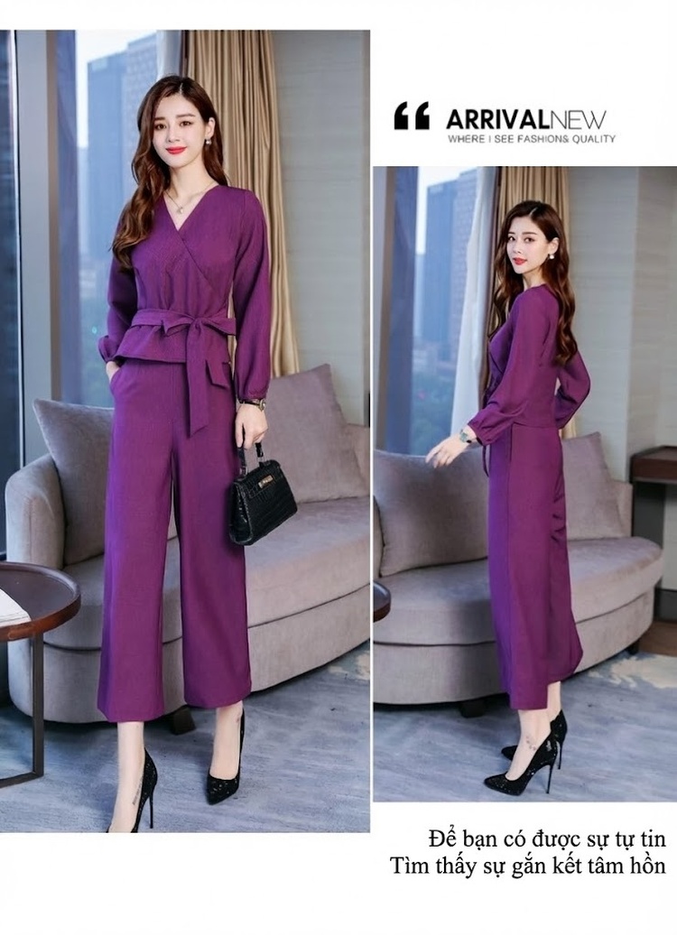 Set Bộ Quần Áo Nữ Thu Đông Áo Dài Tay Cổ chữ V Kèm Áo Khoác Lửng Quần Ống Rộng Màu Tím chi tiết 6