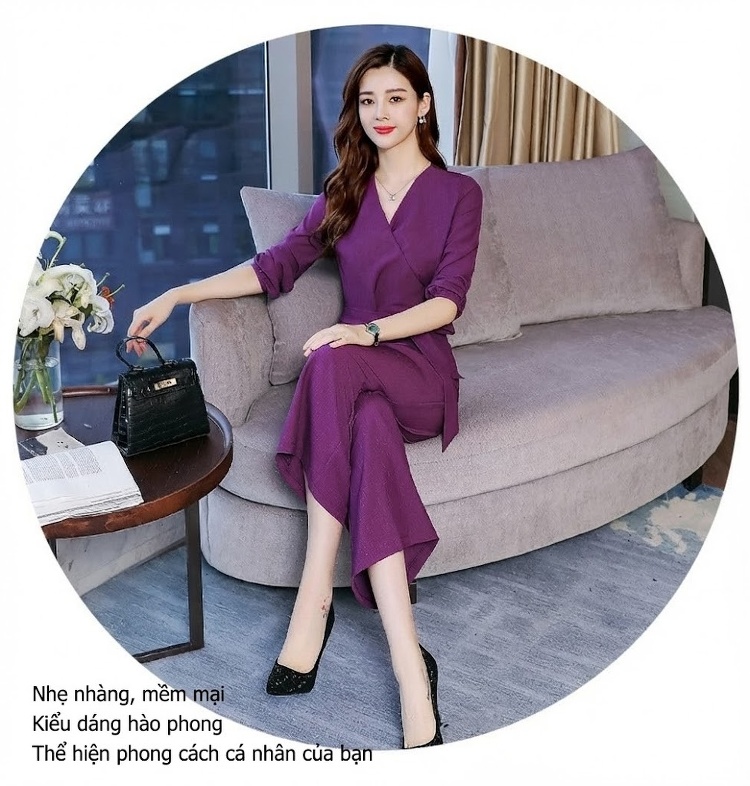 Set Bộ Quần Áo Nữ Thu Đông Áo Dài Tay Cổ chữ V Kèm Áo Khoác Lửng Quần Ống Rộng Màu Tím chi tiết 9