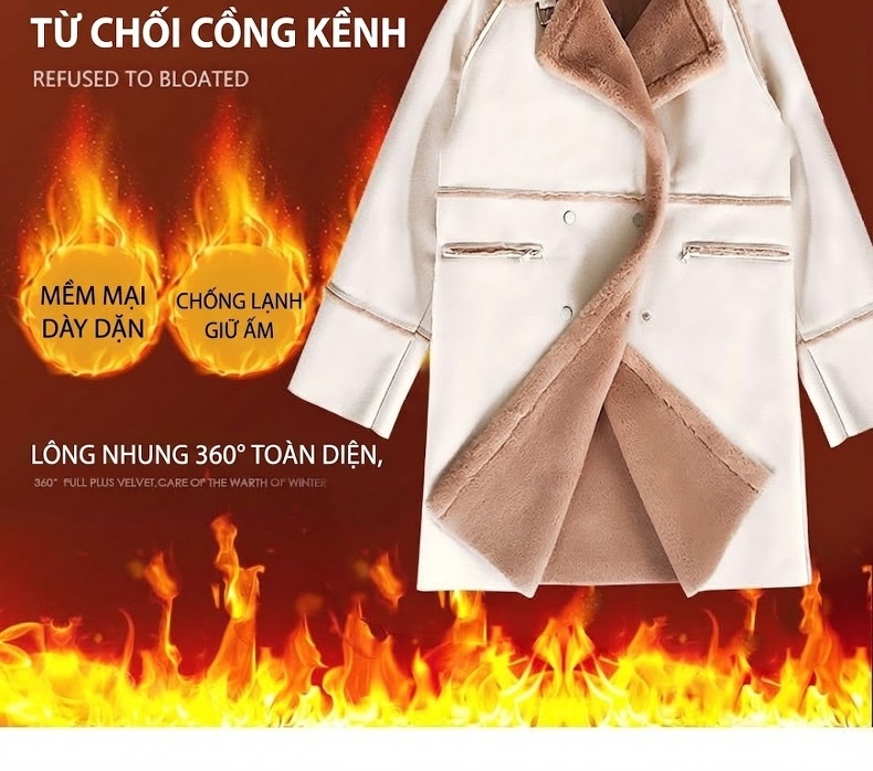 Áo Khoác Nữ Da Lộn Lông Cừu Non Dáng Dài Hàn Quốc Dày Dặn Màu Trắng Kem, Nâu chi tiết 4