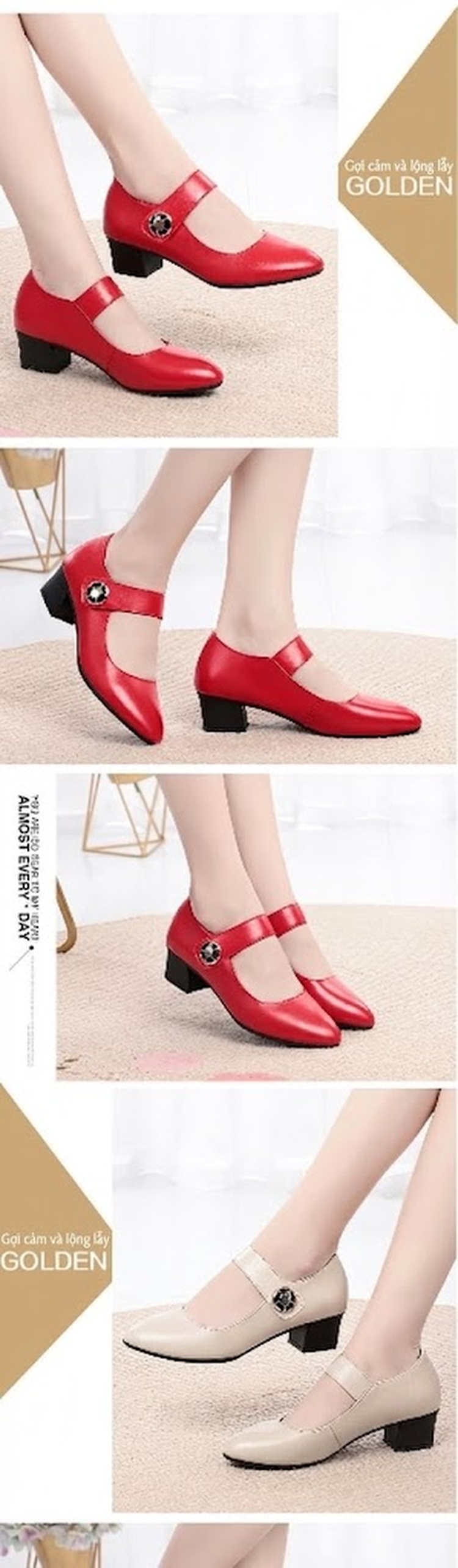 Giày Búp Bê Nữ Da Bò Chiều Cao Đế Khoảng 3.5cm Quai Ngang Màu Đỏ, Đen, Kem chi tiết 4
