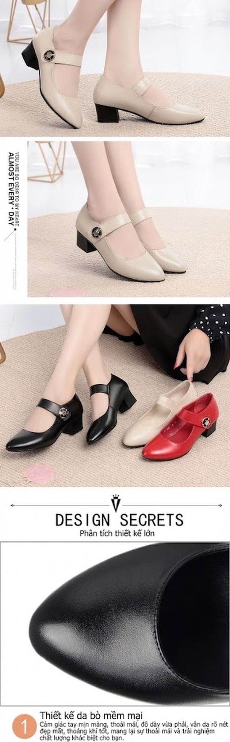 Giày Búp Bê Nữ Da Bò Chiều Cao Đế Khoảng 3.5cm Quai Ngang Màu Đỏ, Đen, Kem chi tiết 5