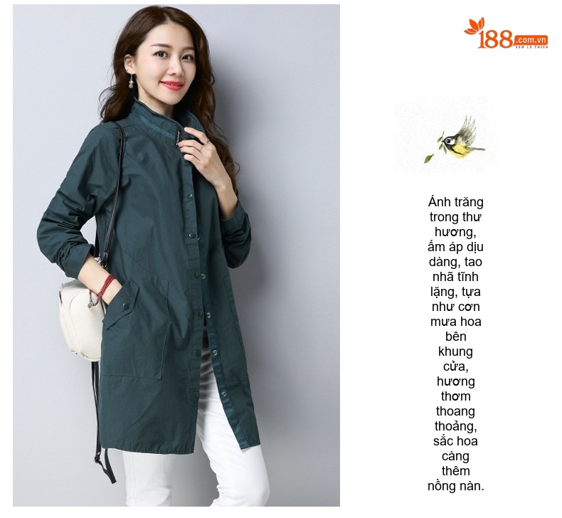 Áo Khoác Gió Nữ Dáng Dài Vừa Cotton Dáng Rộng Phong Cách Casual Thu Đông Màu Xanh Navy, Xám, Xanh Lá chi tiết 5