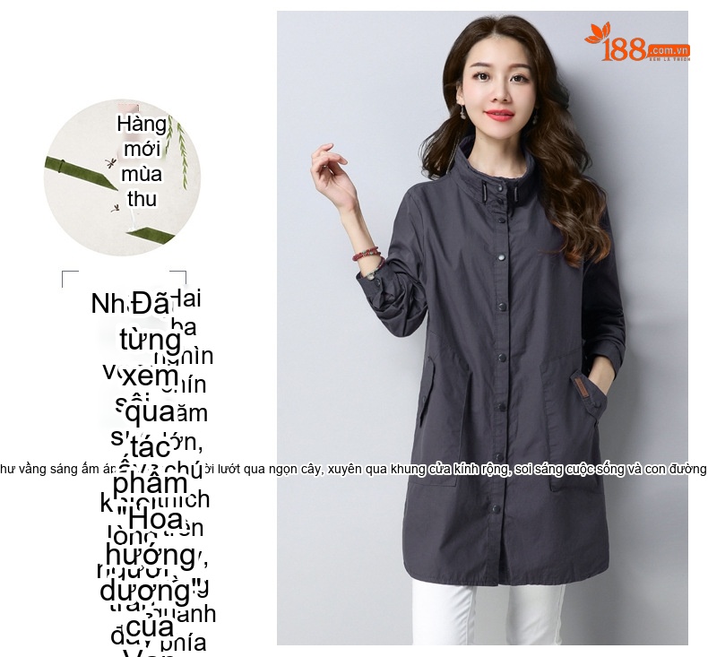 Áo Khoác Gió Nữ Dáng Dài Vừa Cotton Dáng Rộng Phong Cách Casual Thu Đông Màu Xanh Navy, Xám, Xanh Lá chi tiết 13
