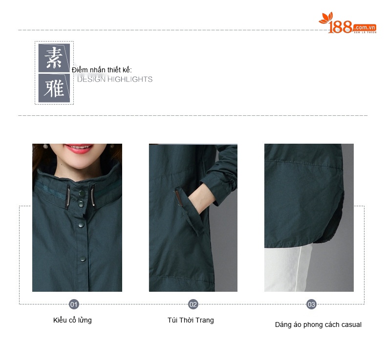 Áo Khoác Gió Nữ Dáng Dài Vừa Cotton Dáng Rộng Phong Cách Casual Thu Đông Màu Xanh Navy, Xám, Xanh Lá chi tiết 1