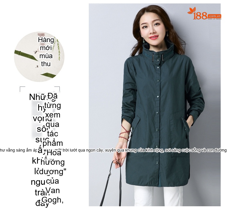Áo Khoác Gió Nữ Dáng Dài Vừa Cotton Dáng Rộng Phong Cách Casual Thu Đông Màu Xanh Navy, Xám, Xanh Lá chi tiết 4