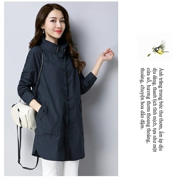 Áo Khoác Gió Nữ Dáng Dài Vừa Cotton Dáng Rộng Phong Cách Casual Thu Đông Màu Xanh Navy, Xám, Xanh Lá chi tiết 20