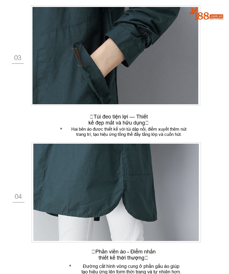 Áo Khoác Gió Nữ Dáng Dài Vừa Cotton Dáng Rộng Phong Cách Casual Thu Đông Màu Xanh Navy, Xám, Xanh Lá chi tiết 24