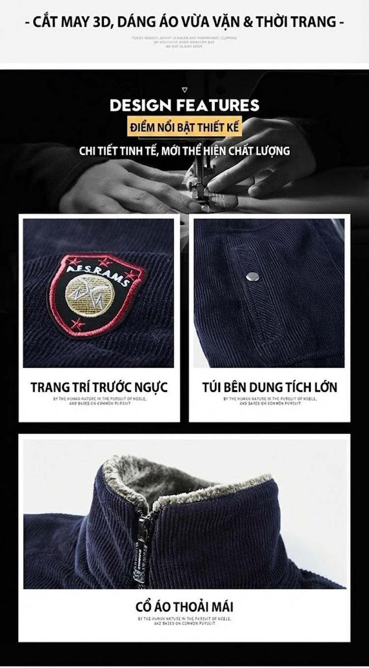 Áo Khoác Nam Nhung Gân Lót Lông Cổ Bẻ Dày Dặn Màu Xanh Rêu, Xanh Navy chi tiết 4