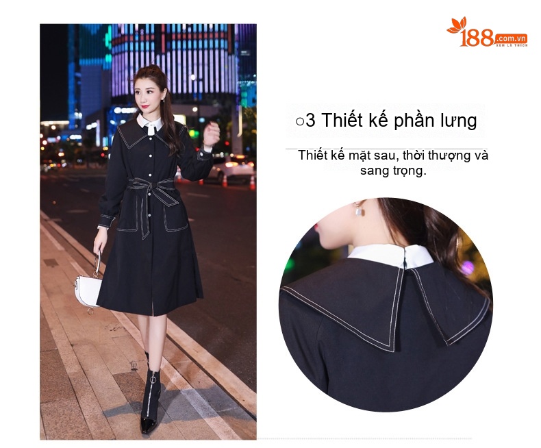 Áo Khoác Dạ Nữ Dáng Dài Vừa Cổ Áo Thủy Thủ Phong Cách Hepburn Hàn Quốc Màu Đen chi tiết 5