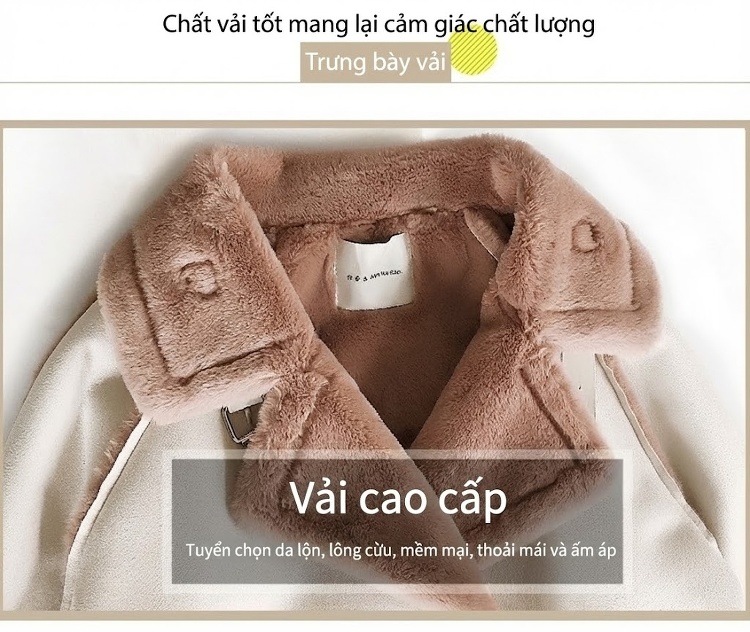 Áo Khoác Nữ Da Lộn Lông Cừu Non Dáng Dài Hàn Quốc Dày Dặn Màu Trắng Kem, Nâu chi tiết 6