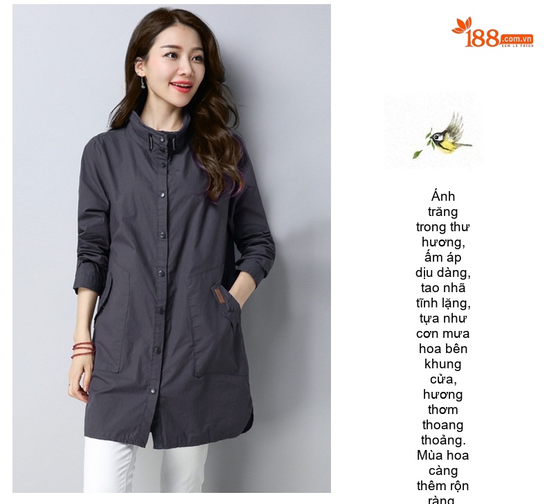 Áo Khoác Gió Nữ Dáng Dài Vừa Cotton Dáng Rộng Phong Cách Casual Thu Đông Màu Xanh Navy, Xám, Xanh Lá chi tiết 14