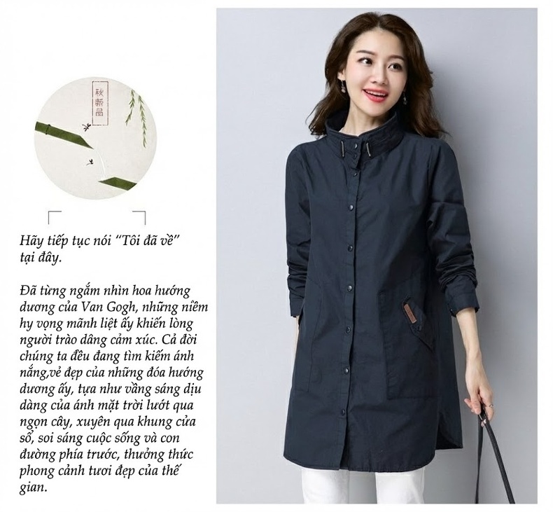 Áo Khoác Gió Nữ Dáng Dài Vừa Cotton Dáng Rộng Phong Cách Casual Thu Đông Màu Xanh Navy, Xám, Xanh Lá chi tiết 19