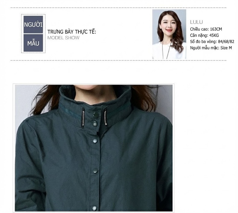 Áo Khoác Gió Nữ Dáng Dài Vừa Cotton Dáng Rộng Phong Cách Casual Thu Đông Màu Xanh Navy, Xám, Xanh Lá chi tiết 2