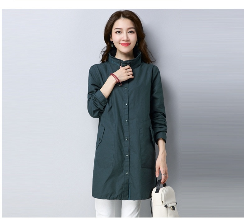Áo Khoác Gió Nữ Dáng Dài Vừa Cotton Dáng Rộng Phong Cách Casual Thu Đông Màu Xanh Navy, Xám, Xanh Lá chi tiết 3