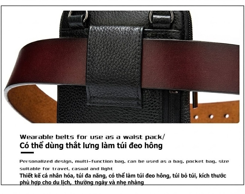 Túi Đeo Hông Nam Da Bò Đeo Thắt Lưng Dáng Đứng Nhỏ Gọn Màu Đen, Nâu chi tiết 12