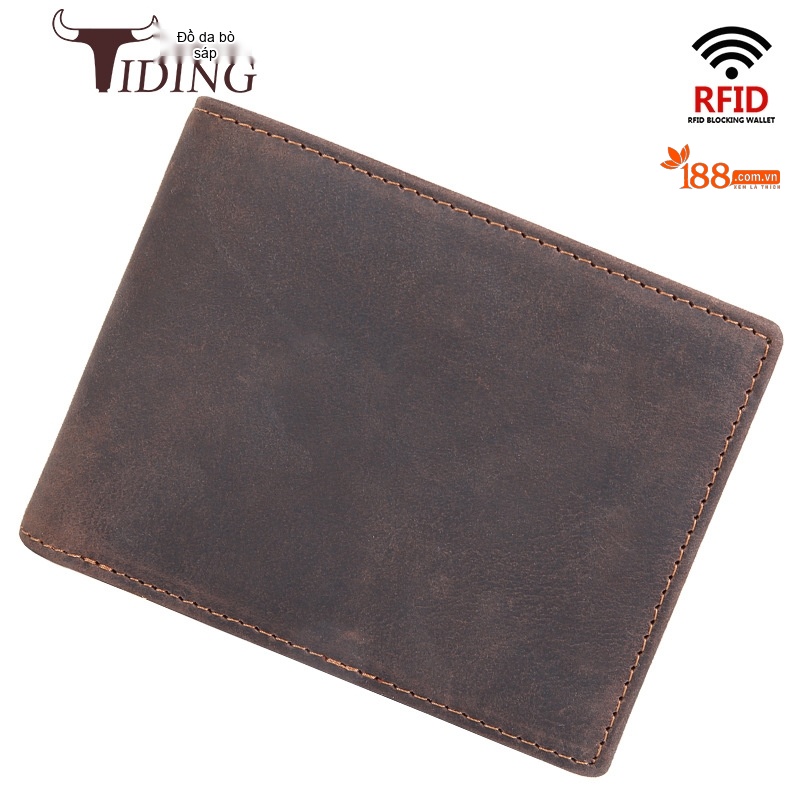Ví Ngắn Nam Da Thật Phong Cách Retro Chống Trộm RFID Màu Nâu, Đen