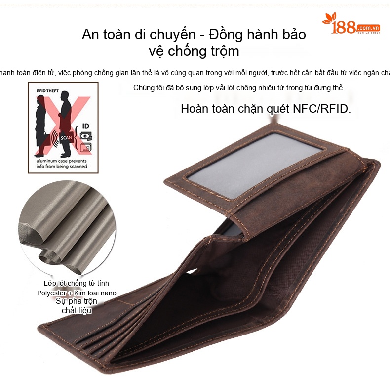 Ví Ngắn Nam Da Thật Phong Cách Retro Chống Trộm RFID Màu Nâu, Đen chi tiết 8