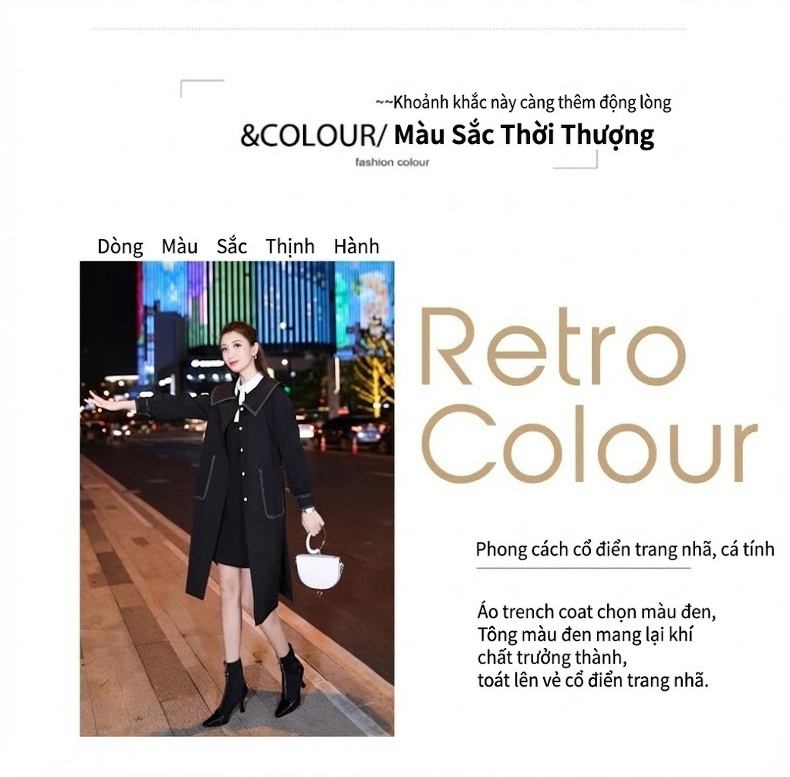 Áo Khoác Dạ Nữ Dáng Dài Vừa Cổ Áo Thủy Thủ Phong Cách Hepburn Hàn Quốc Màu Đen chi tiết 2