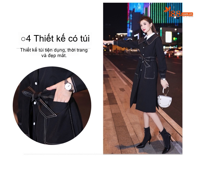 Áo Khoác Dạ Nữ Dáng Dài Vừa Cổ Áo Thủy Thủ Phong Cách Hepburn Hàn Quốc Màu Đen chi tiết 6
