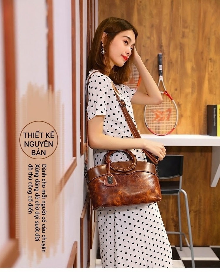 Túi Xách Nữ Tay Cầm Tròn Da Dầu Sáp Đeo Chéo Phong Cách Retro Màu Nâu, Đen, Đỏ chi tiết 18