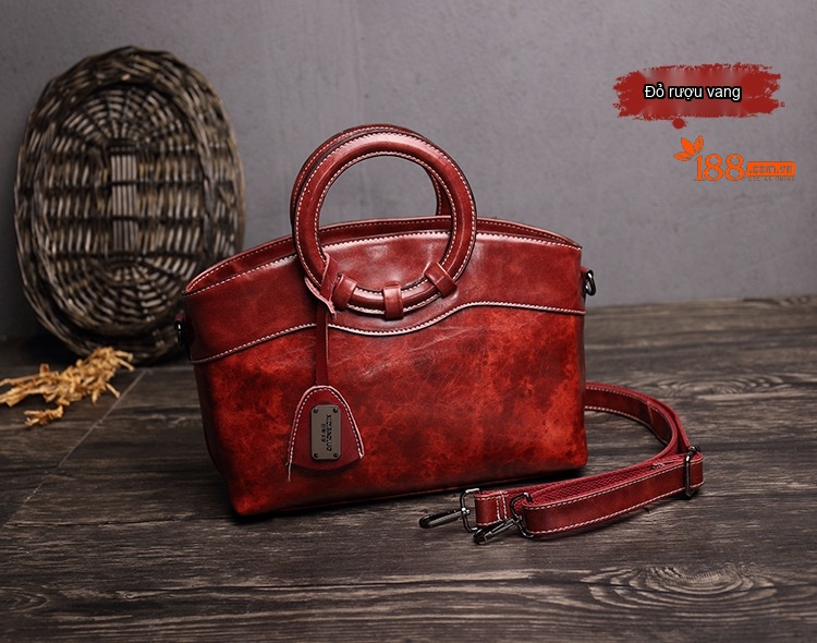 Túi Xách Nữ Tay Cầm Tròn Da Dầu Sáp Đeo Chéo Phong Cách Retro Màu Nâu, Đen, Đỏ chi tiết 12
