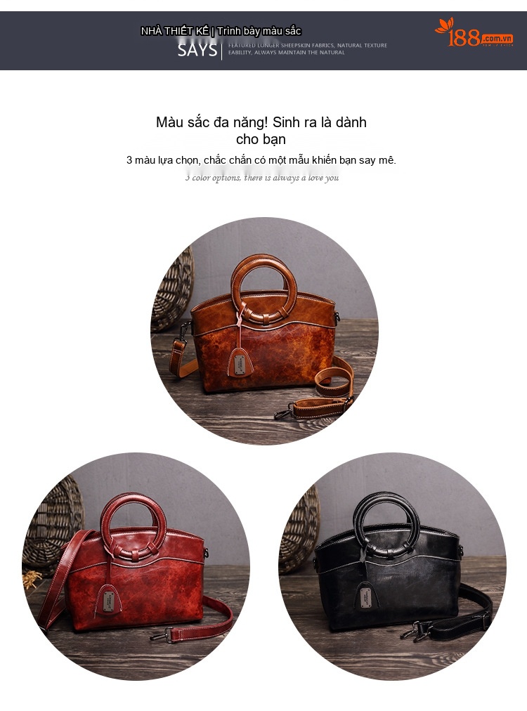 Túi Xách Nữ Tay Cầm Tròn Da Dầu Sáp Đeo Chéo Phong Cách Retro Màu Nâu, Đen, Đỏ chi tiết 13
