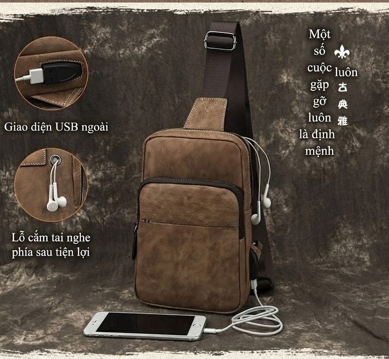 Túi Đeo Chéo Nam Da Bò Thủ Công Vintage Màu Nâu, Xanh Đen chi tiết 1