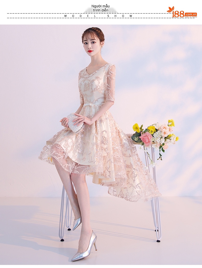Đầm Dự Tiệc dáng chữ A Cổ chữ V Tay Lỡ Thiết Kế Thanh Lịch Màu Vàng Kem, Tím chi tiết 7