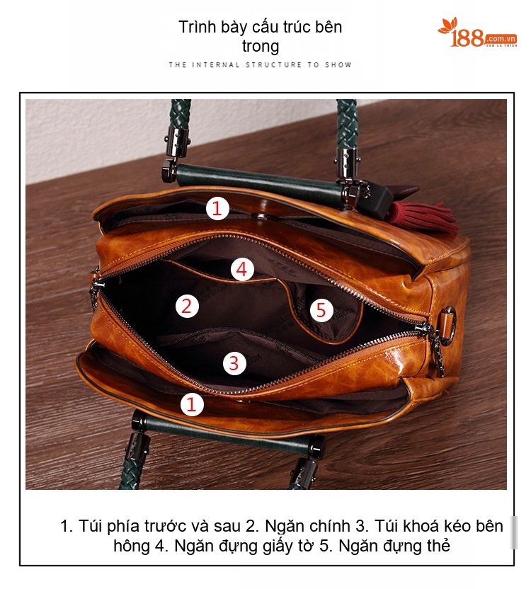 Túi Xách Tay Nữ Da Bóng Đeo Chéo Hình Tròn Nhiều Ngăn Màu Nâu, Đỏ, Xanh Lá, Đen chi tiết 5