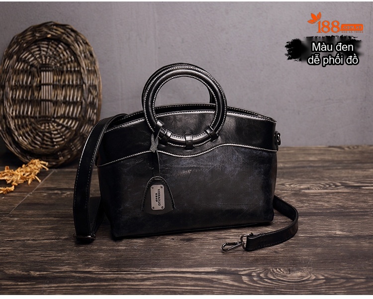 Túi Xách Nữ Tay Cầm Tròn Da Dầu Sáp Đeo Chéo Phong Cách Retro Màu Nâu, Đen, Đỏ chi tiết 11