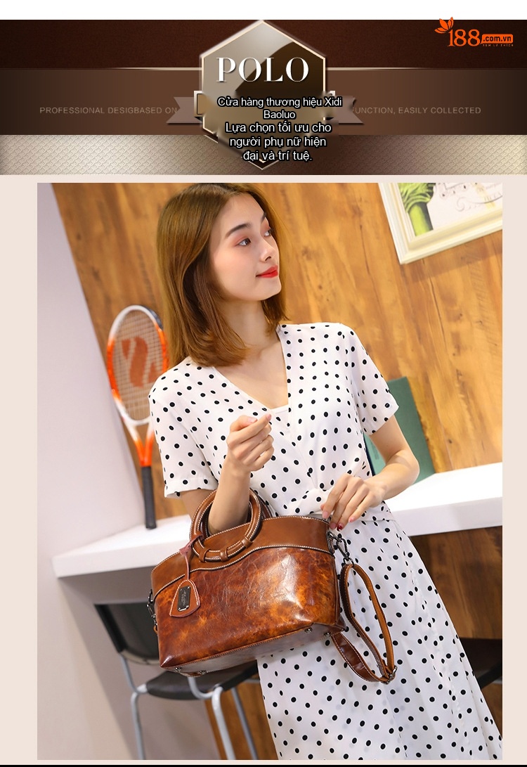 Túi Xách Nữ Tay Cầm Tròn Da Dầu Sáp Đeo Chéo Phong Cách Retro Màu Nâu, Đen, Đỏ chi tiết 5
