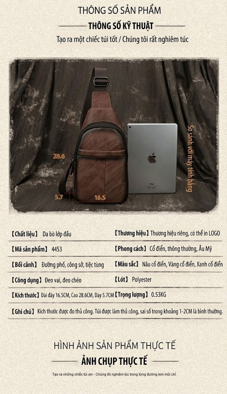 Túi Đeo Ngực/Bụng Nam Da Bò Retro Đa Năng Màu Nâu, Xanh Dương chi tiết 2