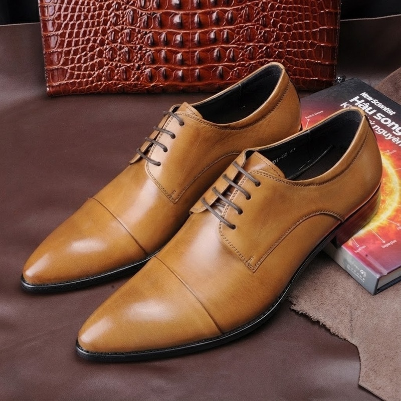 Giày Tây Mũi Nhọn Buộc Dây Nam Da Bóng Chiều Cao Đế Khoảng 3cm Màu Đen, Nâu, Vàng