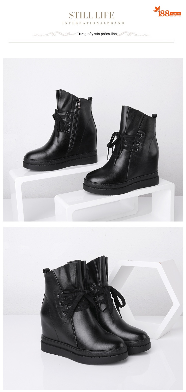 Boot Nữ Cổ Ngắn Dây Buộc Đế Bằng Chiều Cao Đế Khoảng 6cm Màu Đen chi tiết 8