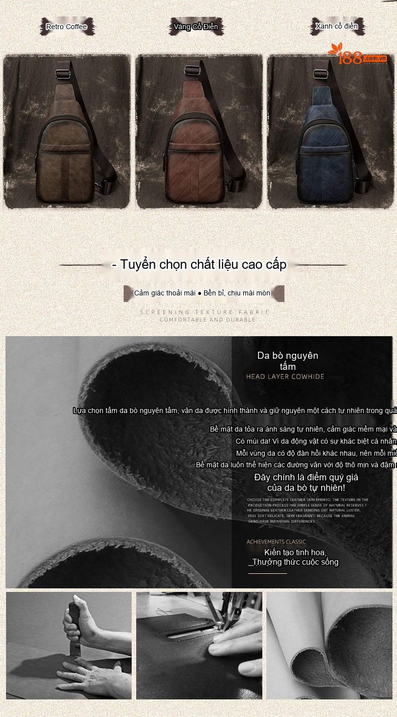 Túi Đeo Ngực/Bụng Nam Da Bò Retro Đa Năng Màu Nâu, Xanh Dương chi tiết 1