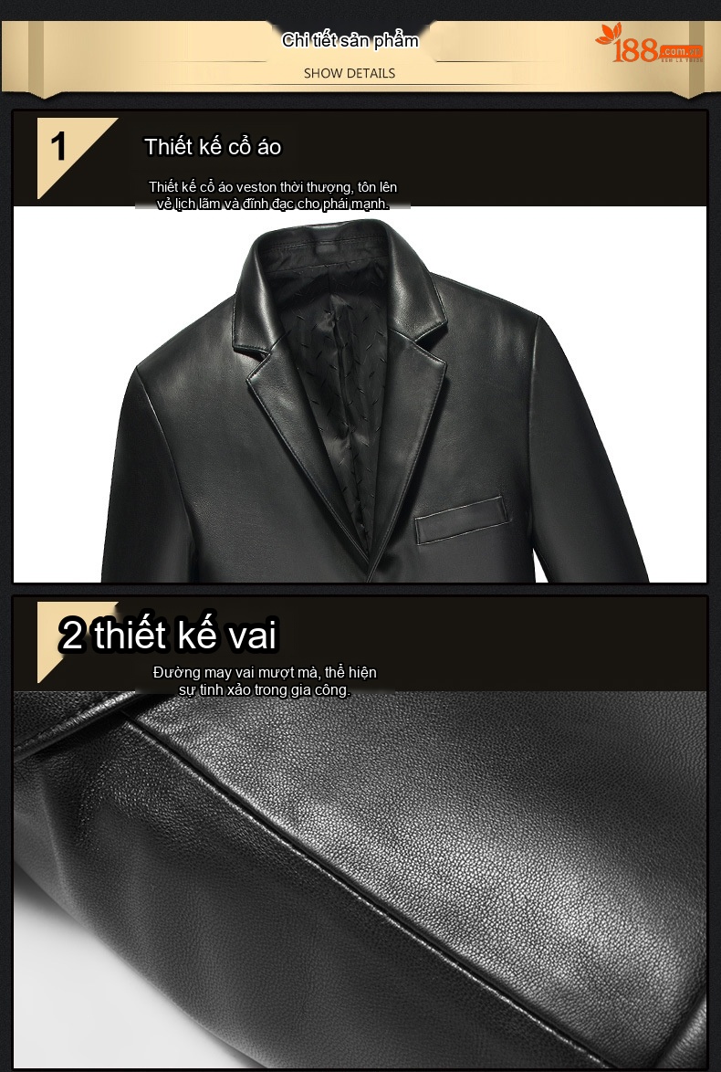 Áo Khoác Da Thật Nam Kiểu Vest Cổ Điển Mỏng Mùa Thu Đông Màu Đen chi tiết 12