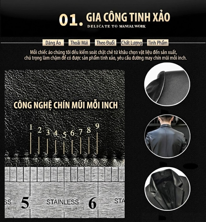 Áo Khoác Da Thật Nam Kiểu Vest Cổ Điển Mỏng Mùa Thu Đông Màu Đen chi tiết 3