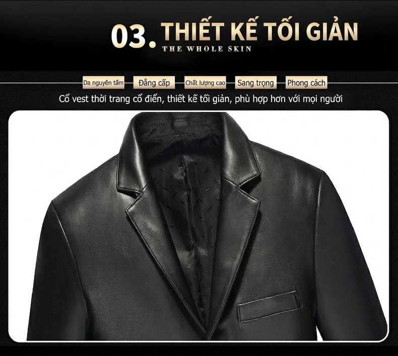Áo Khoác Da Thật Nam Kiểu Vest Cổ Điển Mỏng Mùa Thu Đông Màu Đen chi tiết 5