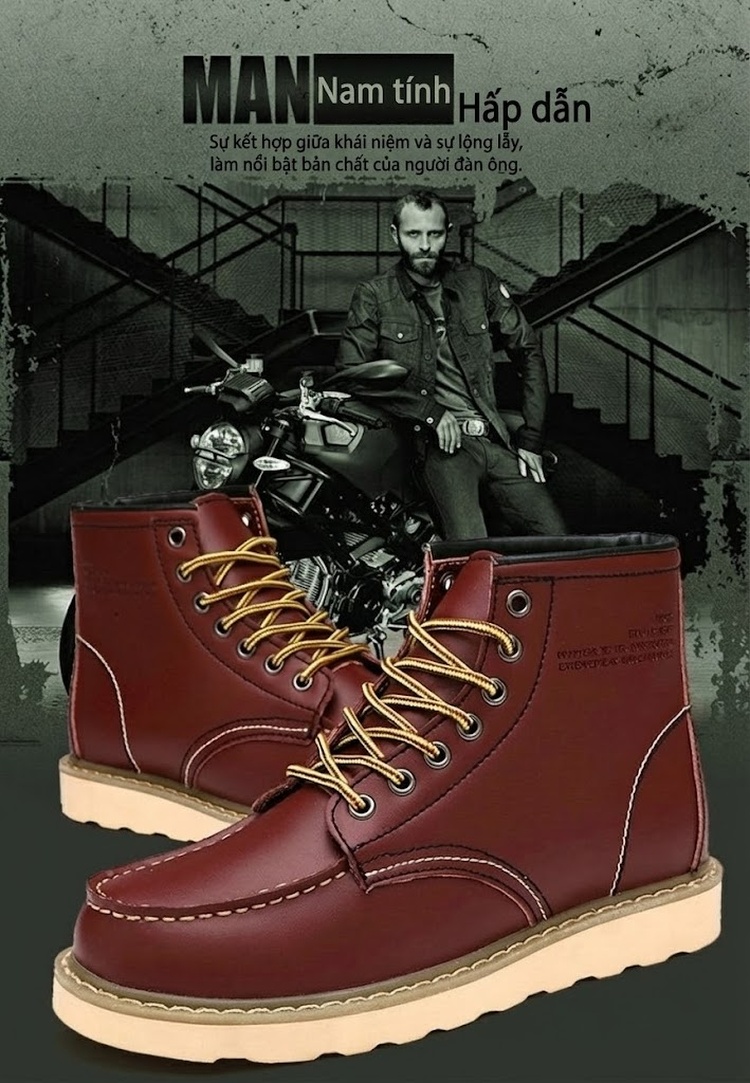Giày Boot Martin Nam Cao Cổ Da Thật Chiều Cao Đế Khoảng 3cm Màu Nâu, Đen chi tiết 1