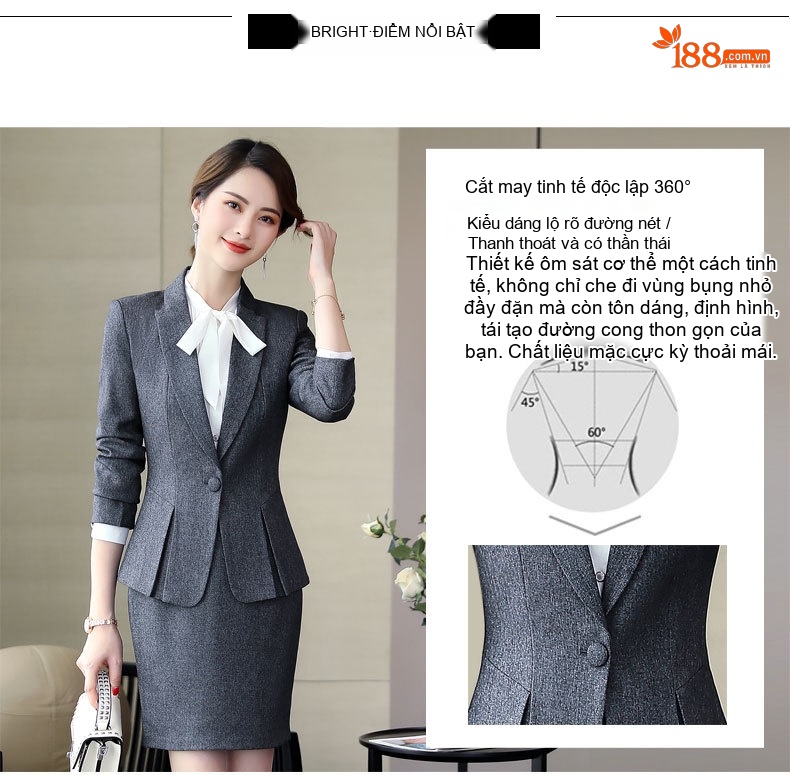 Bộ Vest Công Sở Nữ Dáng Ôm Áo Blazer Chân Váy Màu Đen, Xanh Navy, Đỏ, Xám chi tiết 4