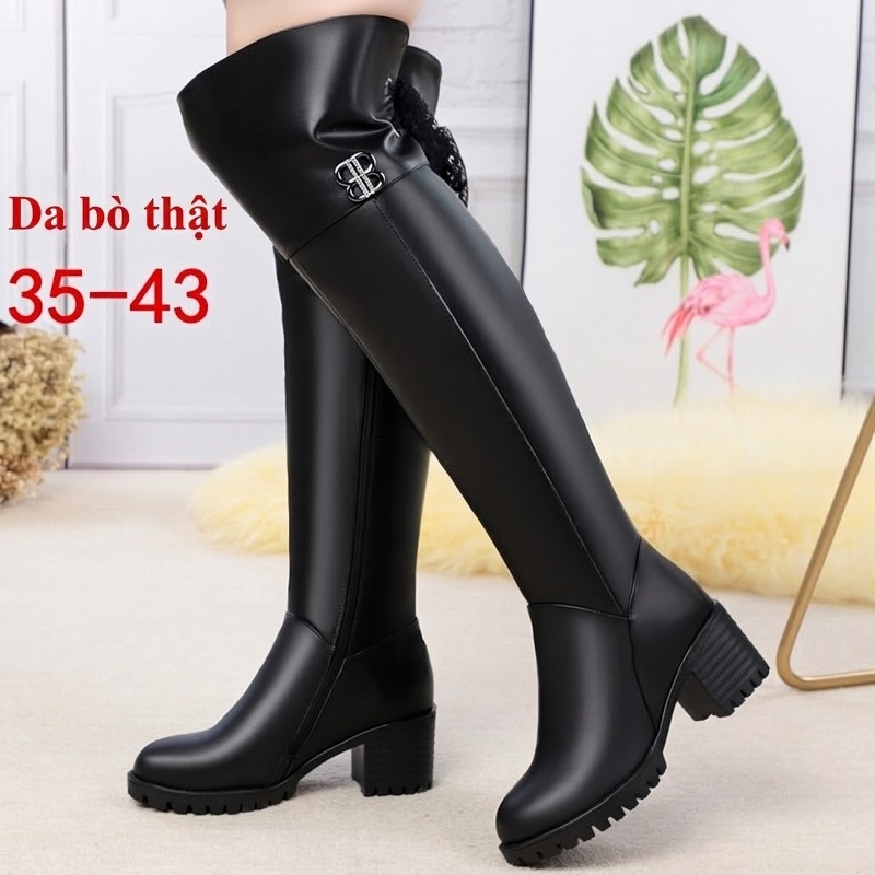 Boot Nữ Da Thật Cổ Cao Qua Gối Lót Lông Ấm Áp Chiều Cao Đế Khoảng 5cm Màu Đen