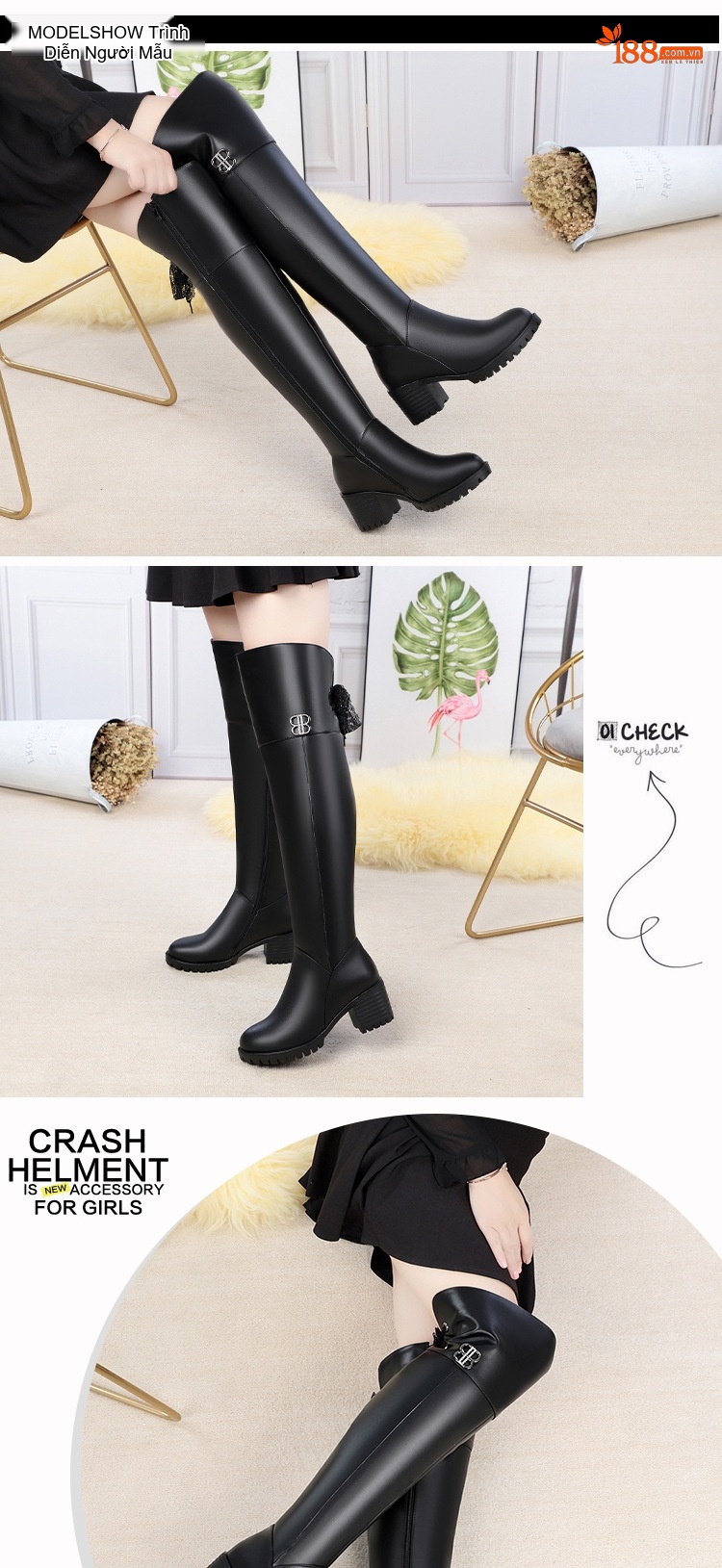 Boot Nữ Da Thật Cổ Cao Qua Gối Lót Lông Ấm Áp Chiều Cao Đế Khoảng 5cm Màu Đen chi tiết 1