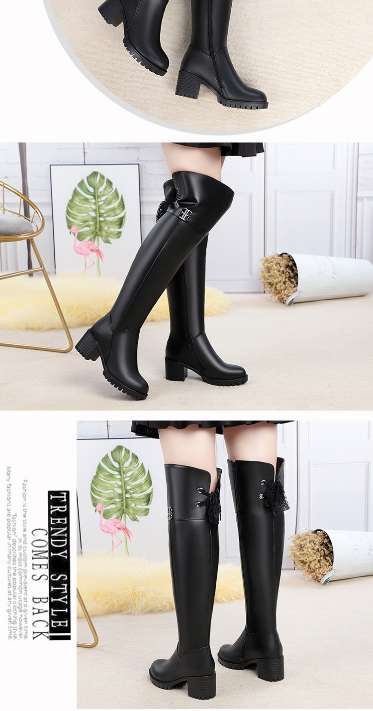 Boot Nữ Da Thật Cổ Cao Qua Gối Lót Lông Ấm Áp Chiều Cao Đế Khoảng 5cm Màu Đen chi tiết 2