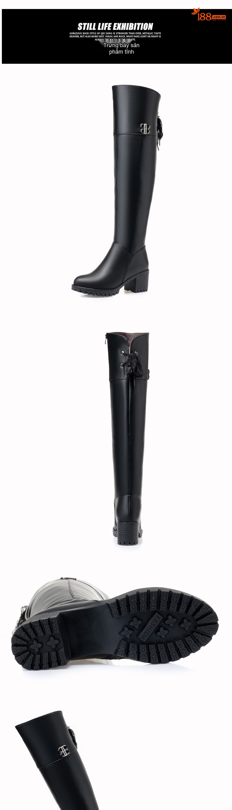 Boot Nữ Da Thật Cổ Cao Qua Gối Lót Lông Ấm Áp Chiều Cao Đế Khoảng 5cm Màu Đen chi tiết 4